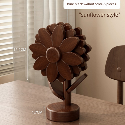5-Piece Floral-Shaped Trivet Set with Stand – Wooden Heat Resistant Pad for Table, Dish, Pot or Cup(Walnut solid colour)