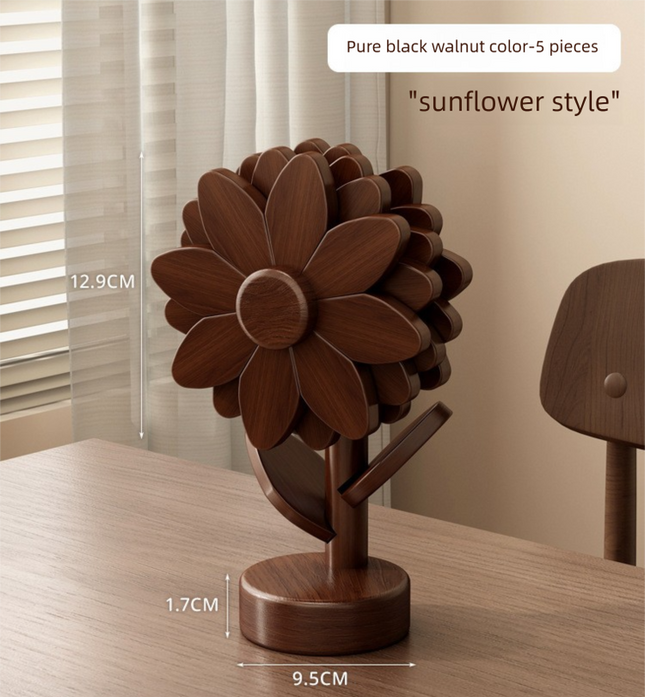 5-Piece Floral-Shaped Trivet Set with Stand Wooden Heat Resistant Pad for Table Dish Pot or Cup(Walnut