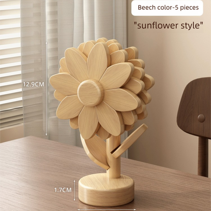 5-Piece Floral-Shaped Trivet Set with Stand – Wooden Heat Resistant Pad for Table, Dish, Pot or Cup(Solid beech)