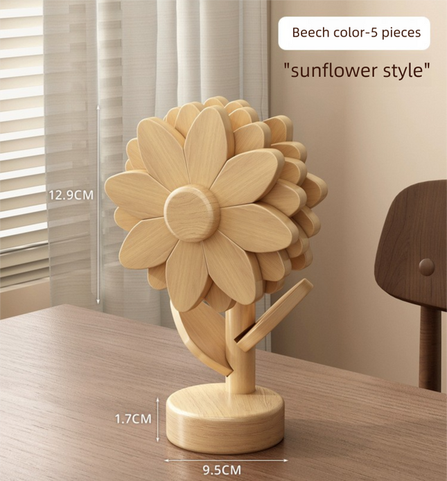 5-Piece Floral-Shaped Trivet Set with Stand Wooden Heat Resistant Pad for Table Dish Pot or Cup(Solid beech)