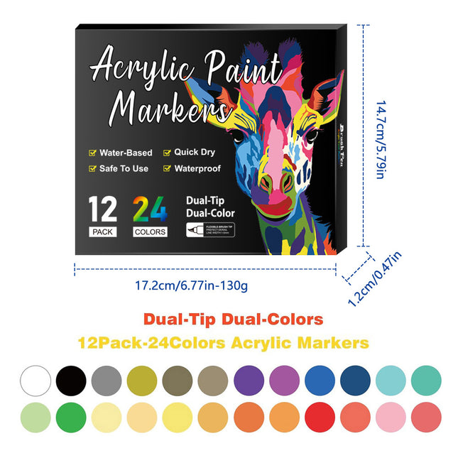Dual-Tip Acrylic Markers 12-Pack Water-Based Quick-Dry Waterproof for Multi-Surface Writing and Coloring