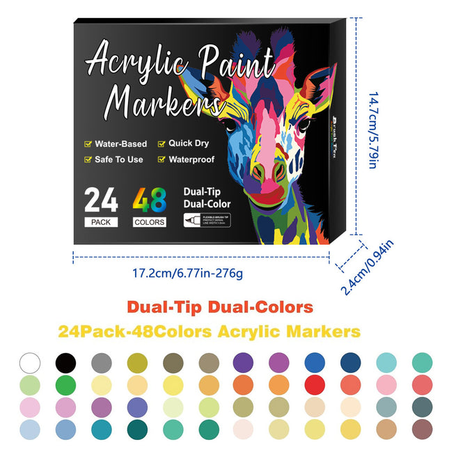 Dual-Tip Acrylic Markers 24-Pack Water-Based Quick-Dry Waterproof for Multi-Surface Writing and Coloring