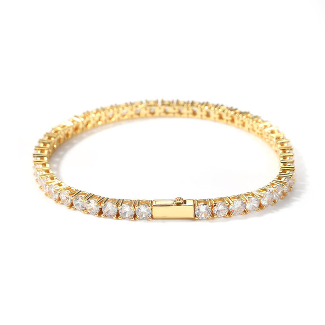 Gold Single-Row Zircon Bracelet 4mm Wide Brass Base with Secure Clasp AAA Plus Stones for Everyday Wear