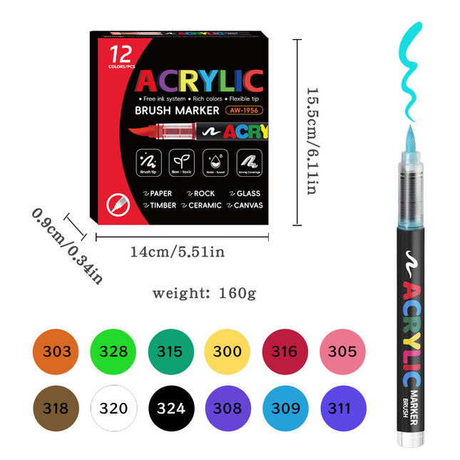 Acrylic Brush Marker 12-Pack Water-Based Ink Flexible Tip for Multi-Surface Art and Labeling