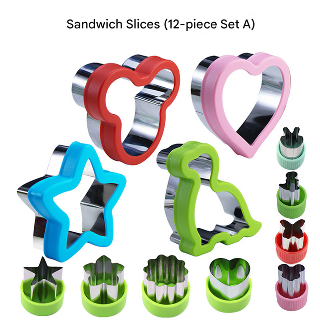 Stainless Steel Food Cutter Set 12-Piece Multi-Shape with PP Press Cover for Sandwich Cookie Fruit and