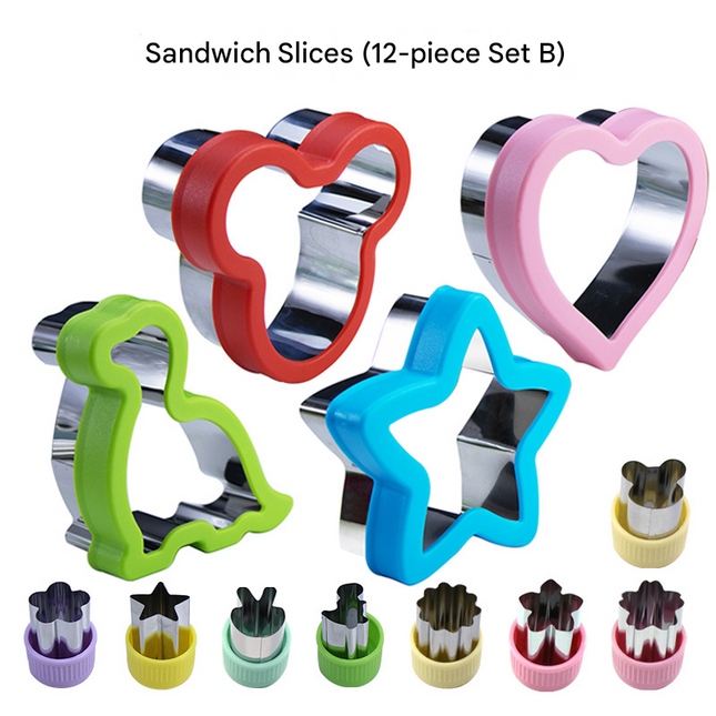 Stainless Steel Food Cutter Set 12-Piece Multi-Shape with PP Press Cover for Sandwich Cookie Fruit and