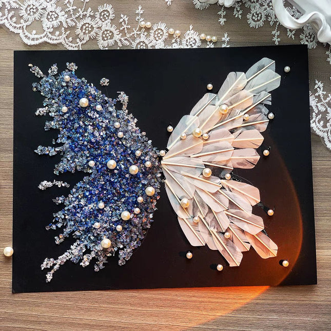 Crystal Feather Butterfly DIY Craft Kit Handmade Art Material Set with Natural Feathers Beads and Frame for
