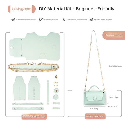 Mint green Leather Bag DIY Kit – Geometric Shoulder Bag Making Material Set with Pre-Punched Cowhide, Tools for Hand Stitching