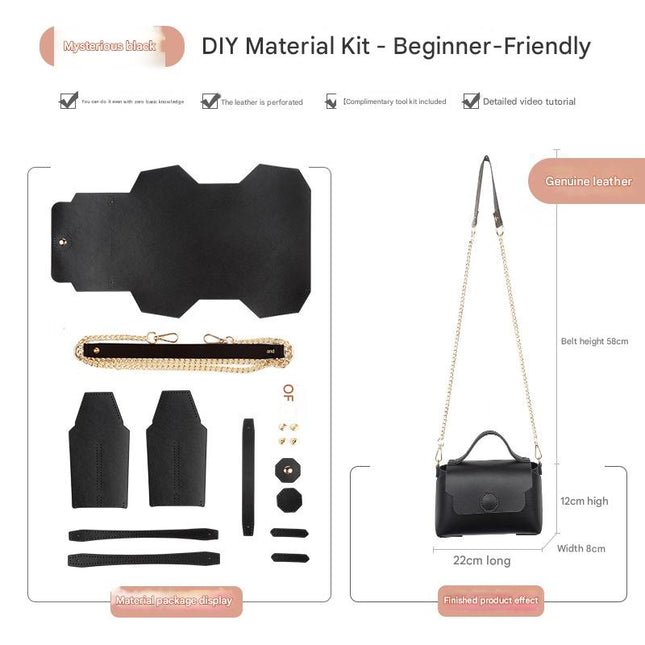 Black Leather Bag DIY Kit Geometric Shoulder Bag Making Material Set with Pre-Punched Cowhide Tools for