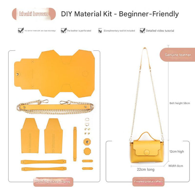 Khaki brown Leather Bag DIY Kit Geometric Shoulder Bag Making Material Set with Pre-Punched Cowhide Tools