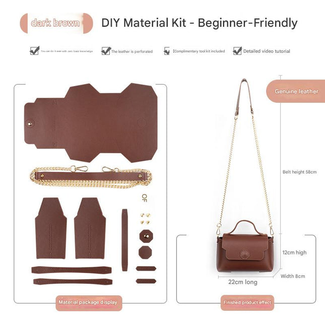 Dark brown Leather Bag DIY Kit Geometric Shoulder Bag Making Material Set with Pre-Punched Cowhide Tools