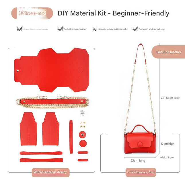 Red Leather Bag DIY Kit Geometric Shoulder Bag Making Material Set with Pre-Punched Cowhide Tools for Hand