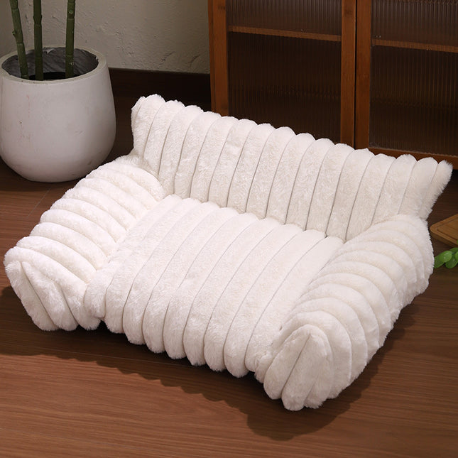 White Plush Ribbed Pet Sofa Bed for Dogs and Cats