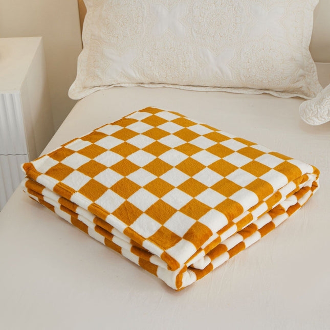 Yellow and white checkered pattern Double-Sided Plaid Fleece Blanket 100 x 150cm Machine