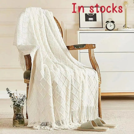 Khaki Nordic Minimalist Knit Throw Blanket – 127×180cm Lightweight, Soft & Breathable Fleece-like Fabric with Tassel Edges for Sofa, Bed, Yoga & Air Conditioning Use