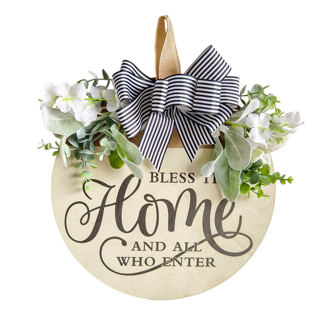 Rustic Wooden Door Hanger Bless This Home and All Who Enter Round Sign with Artificial Flowers & Striped