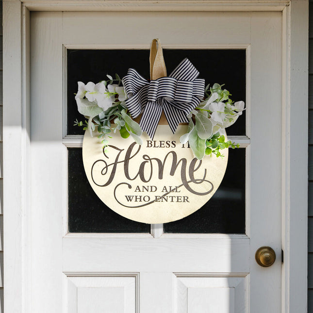 Rustic Wooden Door Hanger Bless This Home and All Who Enter Round Sign with Artificial Flowers & Striped – product detail
