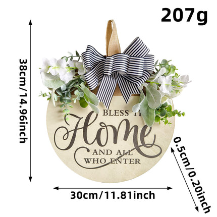Rustic Wooden Door Hanger – "Bless This Home and All Who Enter" Round Sign with Artificial Flowers & Striped Bow for Front Door, Porch, or Entryway Decor