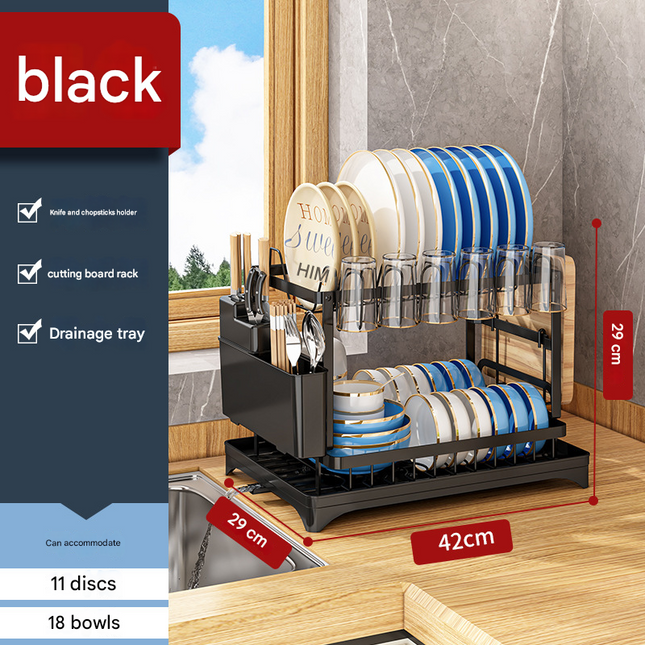 Black Foldable Dish Rack with Drain Tray Knife & Chopstick Holder Cup Rack and Cutting V888-ELOSUNG48510