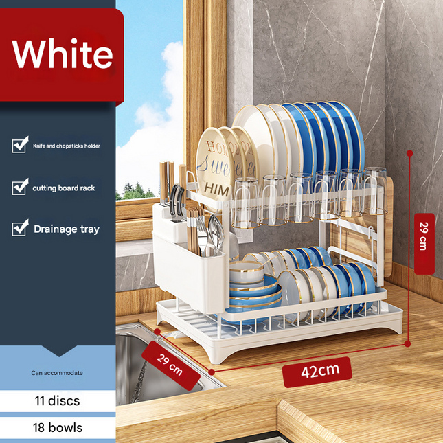 White Foldable Dish Rack with Drain Tray Knife & Chopstick Holder Cup Rack and Cutting V888-ELOSUNG48511