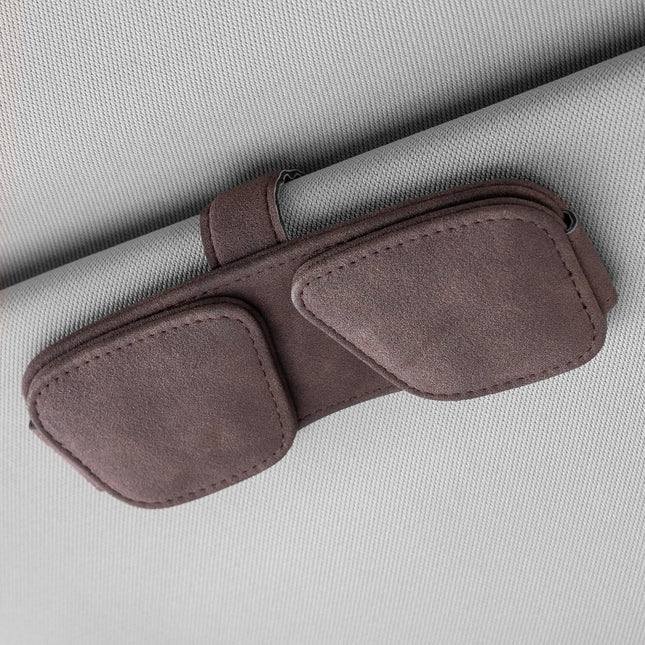 Brown Car Sun Visor Sunglasses Holder Magnetic Dual Clip Organizer with Suede Finish No-Drill Mounting for