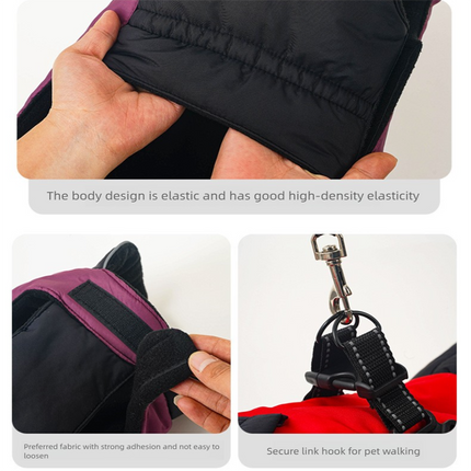 Red Thickened Winter Dog Coat with Reflective Strips – Waterproof, Windproof Pet Jacket for Small to Medium Dogs, Adjustable Fit with Detachable Leash Hook and Decorative Velcro Patch(Size: M)