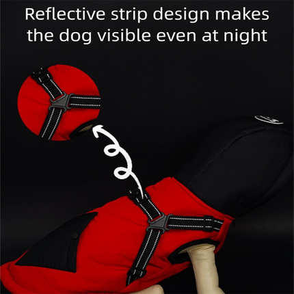 Red Thickened Winter Dog Coat with Reflective Strips – Waterproof, Windproof Pet Jacket for Small to Medium Dogs, Adjustable Fit with Detachable Leash Hook and Decorative Velcro Patch(Size: XL)