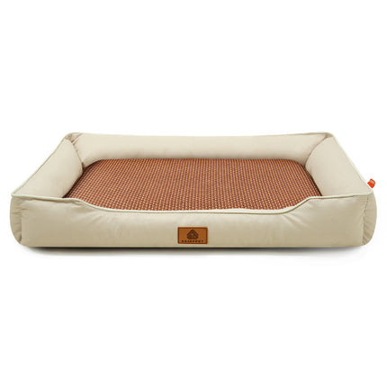 Khaki Rectangular Pet Bed with Removable Cooling Mat – Durable 600D Oxford Fabric Dog & Cat Bed, High-Rebound PP Cotton Filling, Non-Slip Base, for Medium to Large Breeds, Includes Free Cooling Pad(Size:L)