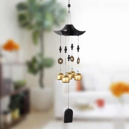 Brass Wind Chime with Wooden Pagoda Top – Elegant Metal Door & Home Decor Ornament