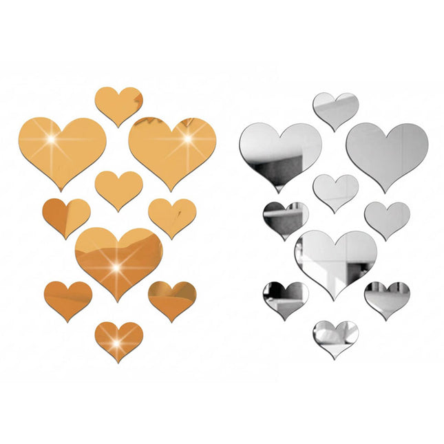 2-Pack Heart-Shaped Acrylic Mirror Wall Decals Multi-Size Set (Max 10.5cm) Silver & Gold Finish Removable