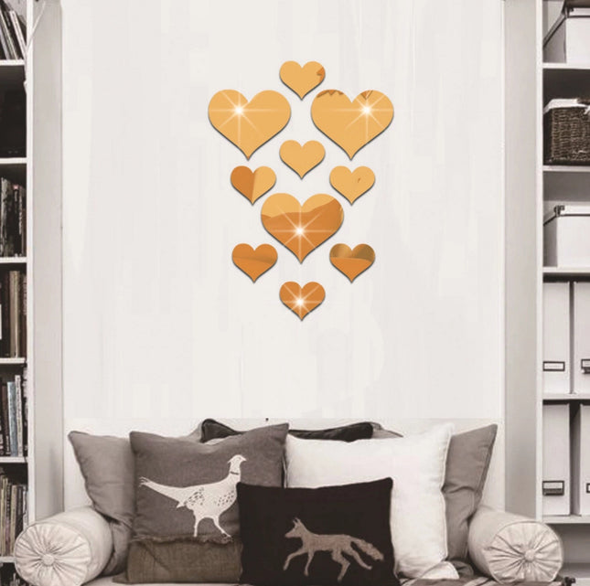 2-Pack Heart-Shaped Acrylic Mirror Wall Decals Multi-Size Set (Max 10.5cm) Silver & Gold Finish Removable – product detail