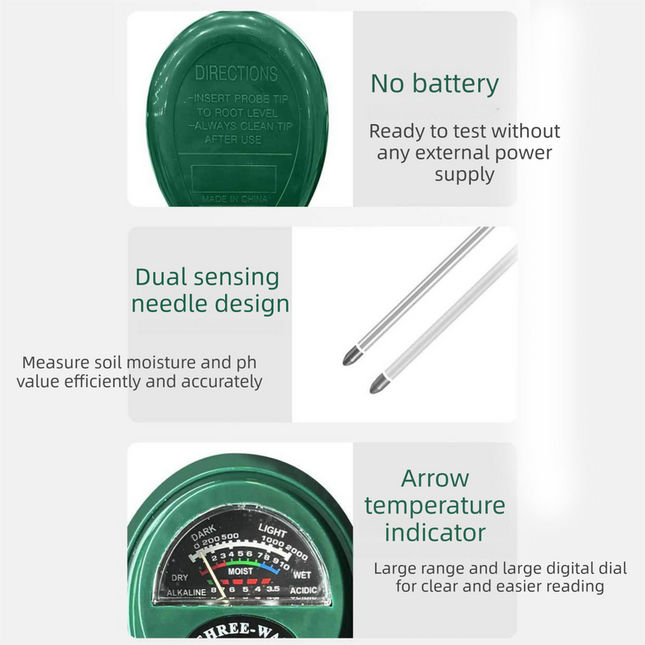 3-in-1 Soil Tester Meter for Moisture pH and Light Intensity Battery-Free Analog Probe for Gardening – product detail
