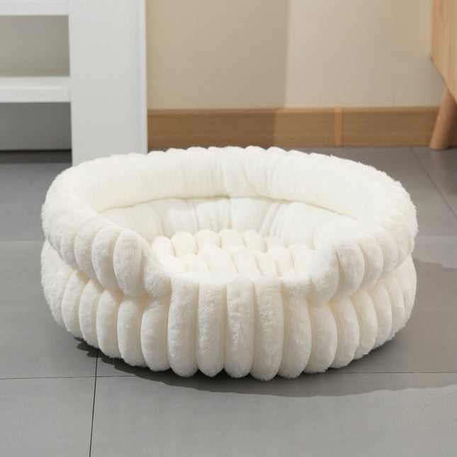 White Plush Round Pet Bed with Removable Cushion M Size Thickened Warm Dog and Cat Nest (Cut-out