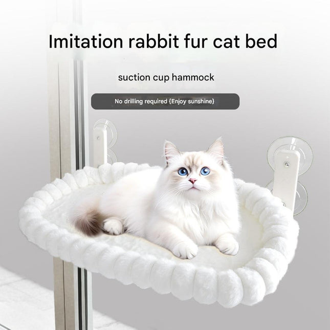White Plush Cat Window Hammock with Strong Suction Cups Faux Rabbit Fur Pet Bed for – product detail