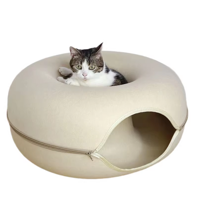 Beige Felt Donut Cat Bed with Zipper Tunnel Toy Double-Layer Pet Cave for Cats M Size (50x20cm) Cozy