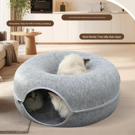 Beige Felt Donut Cat Bed with Zipper Tunnel Toy, Double-Layer Pet Cave for Cats, M Size (50x20cm), Cozy Hideaway for Indoor Cats