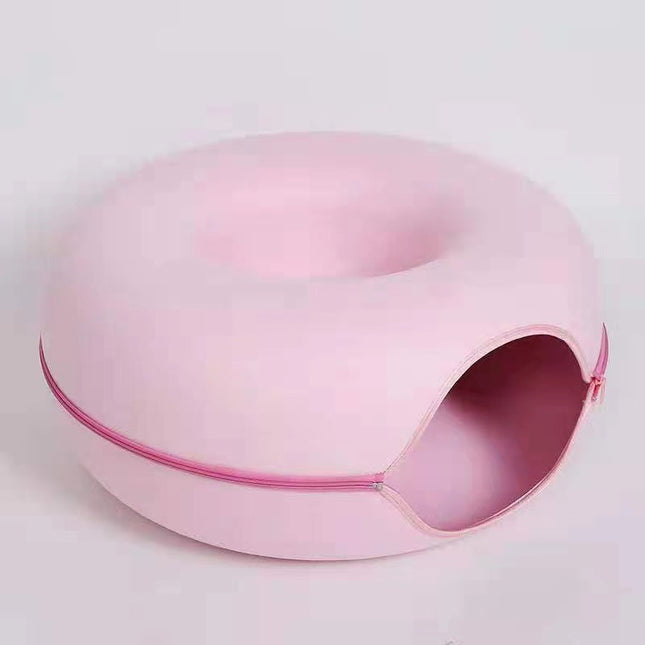 Pink Felt Donut Cat Bed with Zipper Tunnel Toy Double-Layer Pet Cave for Cats M Size (50x20cm) Cozy