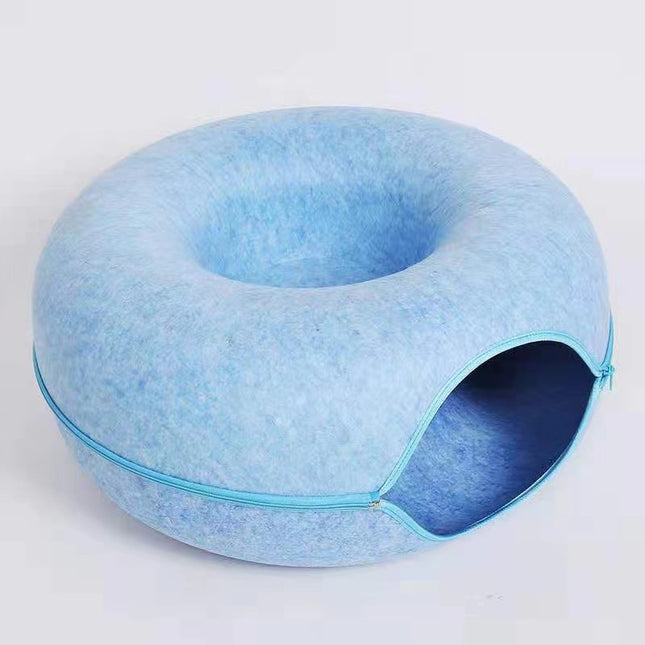 Sky blue Felt Donut Cat Bed with Zipper Tunnel Toy Double-Layer Pet Cave for Cats M Size (50x20cm) Cozy