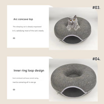 Sky blue Felt Donut Cat Bed with Zipper Tunnel Toy, Double-Layer Pet Cave for Cats, M Size (50x20cm), Cozy Hideaway for Indoor Cats
