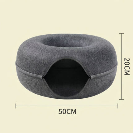 Sky blue Felt Donut Cat Bed with Zipper Tunnel Toy, Double-Layer Pet Cave for Cats, M Size (50x20cm), Cozy Hideaway for Indoor Cats