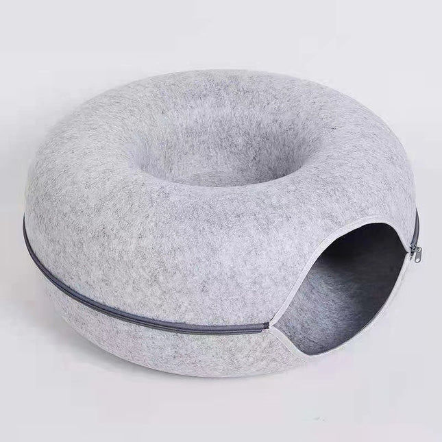 Light grey Felt Donut Cat Bed with Zipper Tunnel Toy Double-Layer Pet Cave for Cats M Size (50x20cm) Cozy