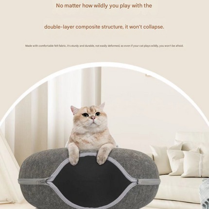 Light grey Felt Donut Cat Bed with Zipper Tunnel Toy, Double-Layer Pet Cave for Cats, M Size (50x20cm), Cozy Hideaway for Indoor Cats