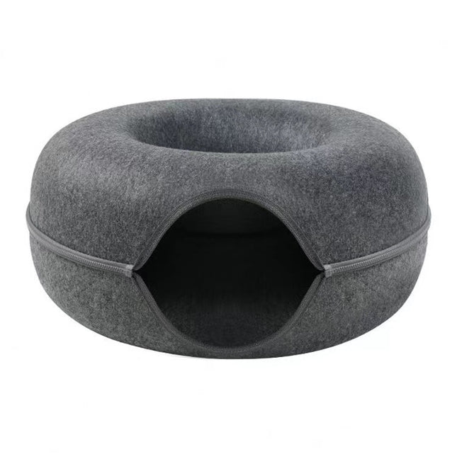 Dark grey Felt Donut Cat Bed with Zipper Tunnel Toy Double-Layer Pet Cave for Cats M Size (50x20cm) Cozy