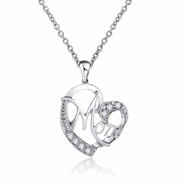 Silver MOM Heart Pendant Necklace with V888-ELOSUNG48676
