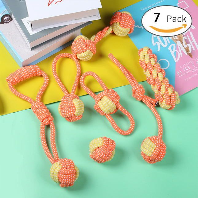 7-Piece Orange-yellow Durable Cotton Rope Dog Toy V888-ELOSUNG48684 in Yellow / Orange