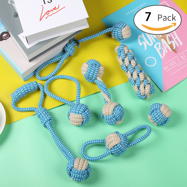 7-Piece Blue-gray Durable Cotton Rope Dog Toy V888-ELOSUNG48685 in Blue / Grey
