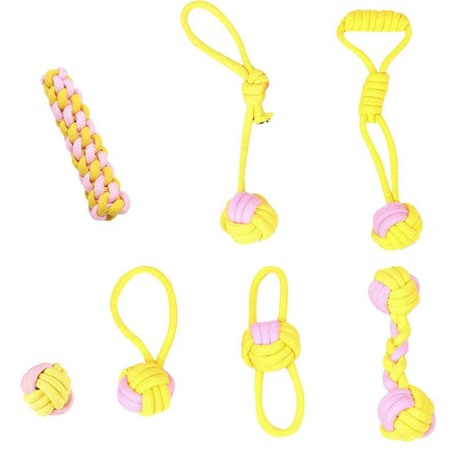 7-Piece Yellow and pink Durable Cotton Rope Dog Toy V888-ELOSUNG48687 in Yellow / Pink