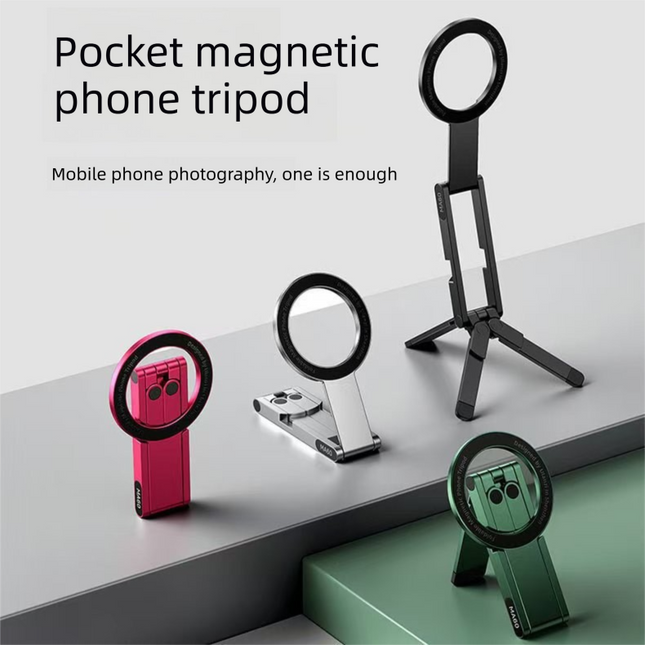 Black Alloy Pocket Magnetic Phone Stand with Desktop Tripod Multi-Function Foldable Design for – product detail