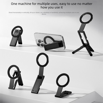 Black Alloy Pocket Magnetic Phone Stand with Desktop Tripod – Multi-Function Foldable Design for Portable Selfie Stick & Hands-Free Shooting – Ideal for Travel, Vlogging, and Daily Use