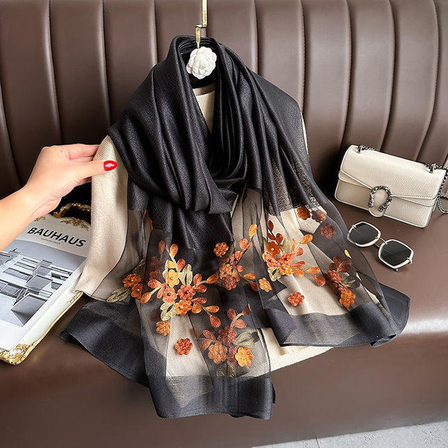 Black Elegant Embroidered Begonia Flower Long Scarf for V888-ELOSUNG48751